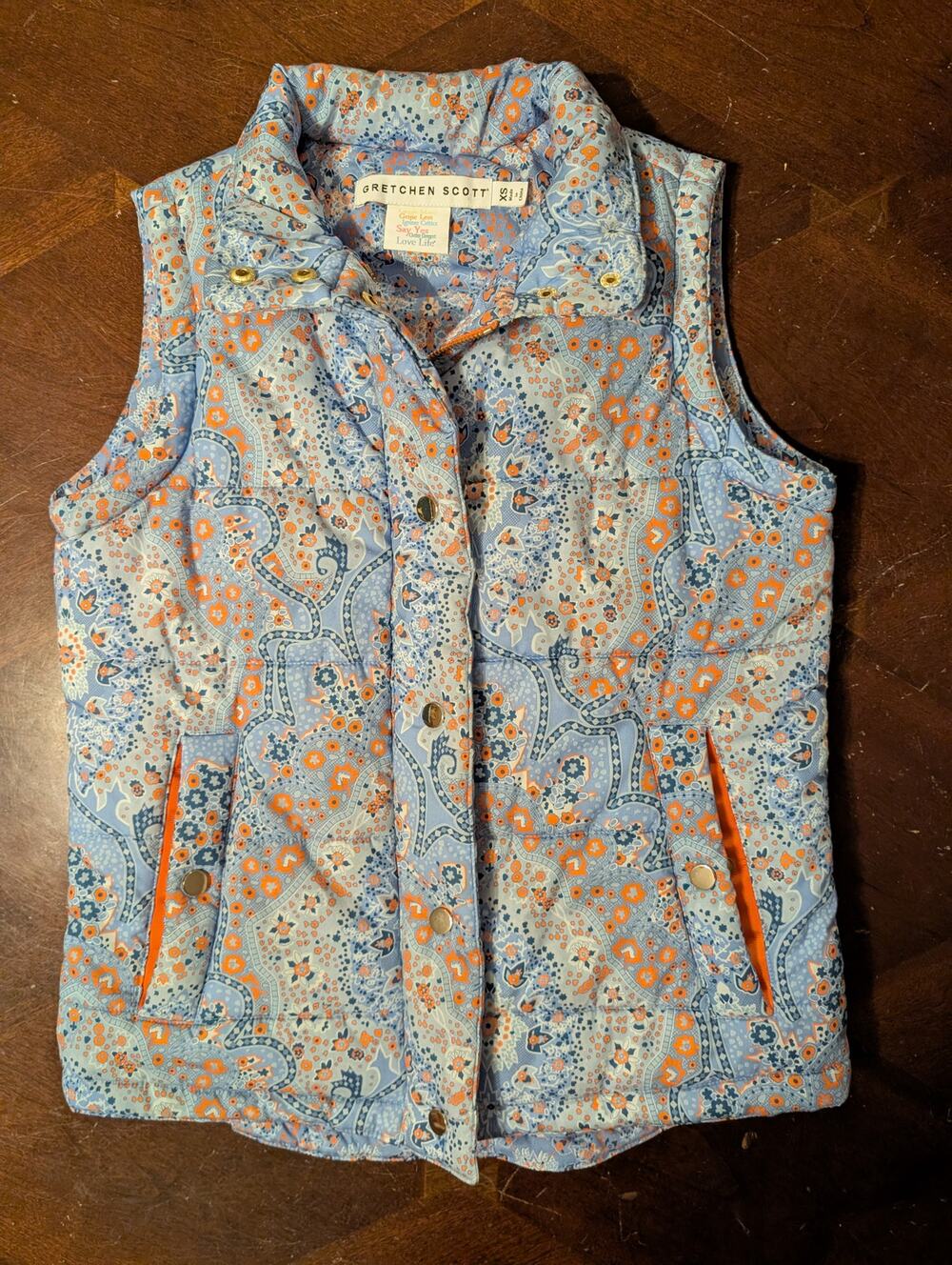 Gretchen Scott XS Pleasantly Paisley Ditto Quilted Puffer Vest Blue Orange
